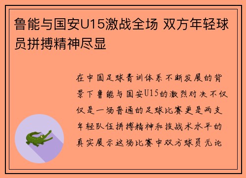 鲁能与国安U15激战全场 双方年轻球员拼搏精神尽显